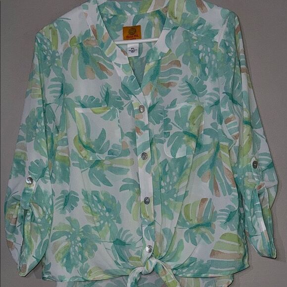 Ruby Rd Green and White 3/4 Sleeve Notched Collar Button Down - Picture 6 of 14